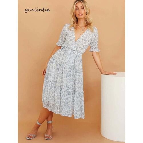 Yinlinhe White Blue Floral Summer Dress short Sleeve Long Wrap Dress Women bohemian Holiday Beach Ruffles Vestidos 2020 1468