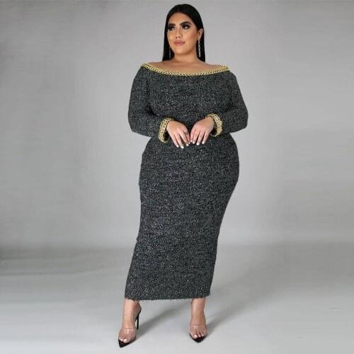 Plus Size Clothing XL-5XL Dresses for Women Casual Sexy Dew Shoulder Long Sleeve Woolen Velvet Dress Wholesale Dropshipping