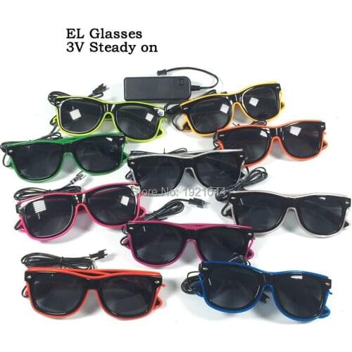 10Colors EL Glowing Glasses with dark lens 10pcs Wholesale Night fluorescent Glasses Glow Party Favors powered by 2-AA Batteries