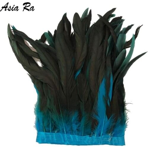 1-10M long dyed Turquoise natural rooster feather trims trimming Belts Weaves with Satin Ribbon Tape for women skirt 8-10inches