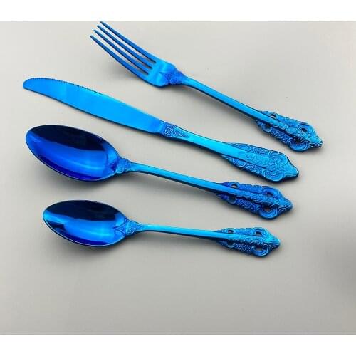 16Pcs Blue Cutlery Set Dinnerware Forks Knives Spoons Tea Spoon Flatware Kitchen Dinner 18/10 Stainless Steel Tableware Set