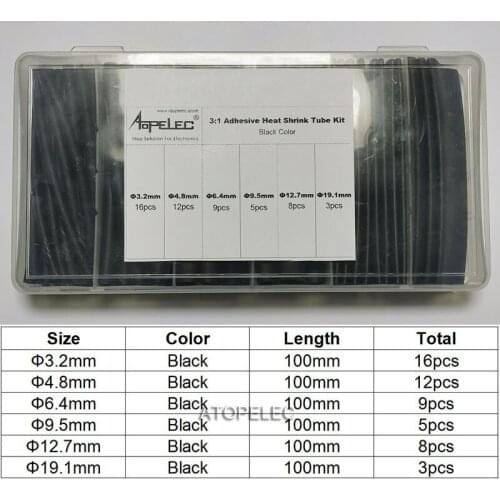 53pcs 6 Sizes 3:1 Adhesive Heat Shrink Tubing Assorted Insulation Shrinkable Cable Sleeve Combo Box Wrap Wires DIY Kit Black