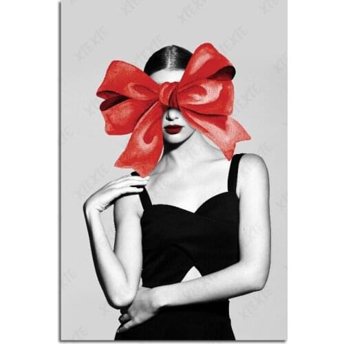 Abstract Wall Art Canvas Painting Beautiful Demure Women with Red Bow On Her Face for Living Room Bedroom Corridor Decoratiion