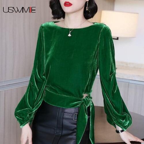 Free Shipping T Shirt Women New Fashion Retro Streetwear Sexy Lantern Sleeve Velvet O-neck Solid Color Comfort Tee Shirt Femme