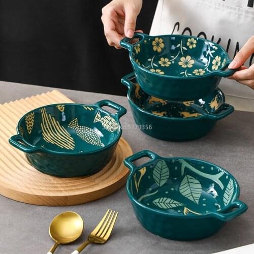 Binaural Round Bowl Japanese Ramen Bowl Dark Green Underglaze Ceramic Tableware Household Noodle Bowl Salad Bowl Oven Bowl