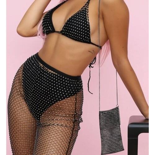 Bling Rhinestone Mesh Hollow Sexy Body Chain Bra Pants Suit for Women Nightclub Luxury Crystal Bikini Cover Up Tops Body Jewelry