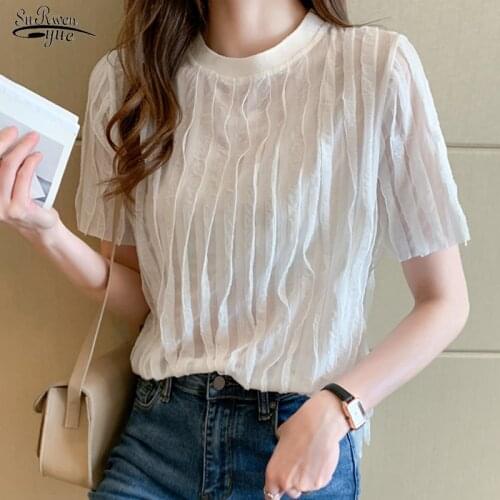 White Fashion Pleated Short Sleeve Blouses Women 2021 Summer Loose O-Neck Woman Shirt Casual Female Tops Clothing Blusas 14348