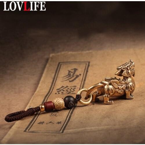 Pure Copper Car Key Ring Pendants Charms Chinese Mythical Beast Lucky Pi Xiu Figurines Vintage Rope Keychains Keyrings Hangings