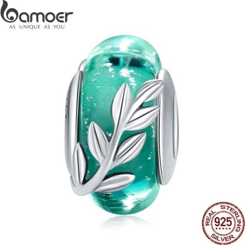 BAMOER Genuine 925 Sterling Silver Tree Leaves Green Leaf Murano Glass Beads Fit Charm Bracelets & Bangles DIY Jewelry SCC863
