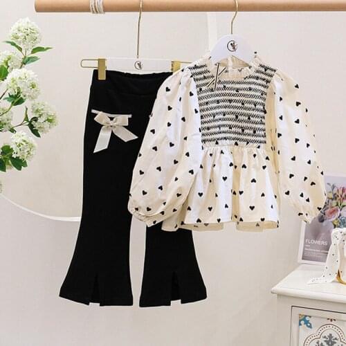 Sweet Kids Autumn Girls Jeans Clothes Set Baby Children Long Sleeve Print Heart T-shirt Blouse Tops+Bow Flare Pants Suit ADK169