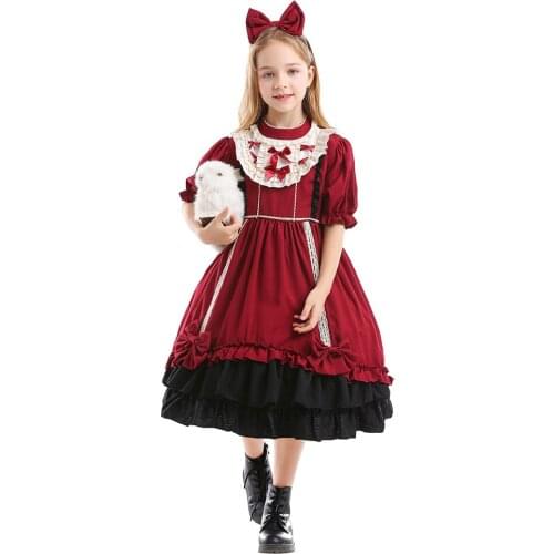 Girl Red Lolita Dress Kids Vintage Long Sleeve Princess Birthday Party Dress Christmas Dress