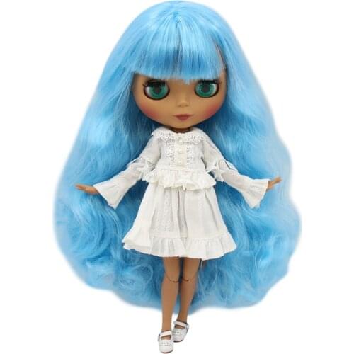ICY DBS Blyth doll 1/6 bjd with black skin nude joint body and matte face long blue curly hair BL6023