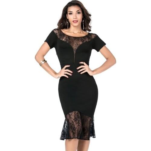 Summer Womens Solid Round Neck Short Sleeve Lace Mermaid Dress Sexy Above Knee Mini Skirt