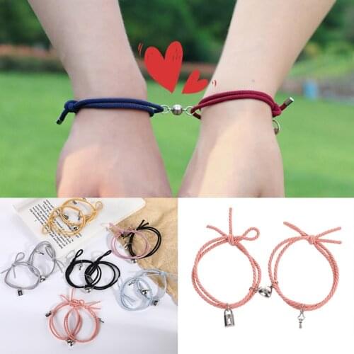 2pcs Magnet Attracts Couple Bracelet Heart Bracelet Lock Key Pendant Love Jewelry Adjustable Braided Rope Bangle for Women Men