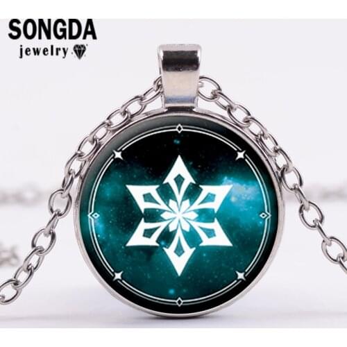 SONGDA Genshin Impact Anime Patterns Metal Necklace Cabochon Dome Glass Surface Fashion Long Pendant Jewelry Presents for Women