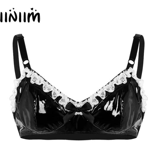 Sissy Panties Gay Mens Underwear Tanks Black Spaghetti Straps Lingerie Nightwear Lace with Bowknot Wetlook Club Bra Exotic Top