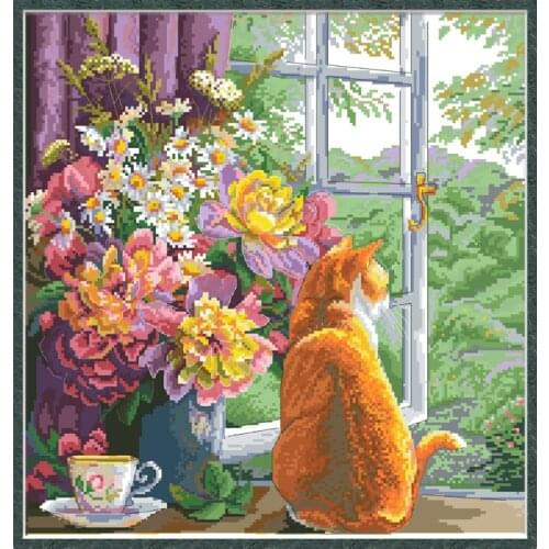 Summer Afternoon Cross Stitch Pattern Kits Cats Printed Canvas Embroidery Needlework 11CT 14CT DIY Handmade Home Decor Paintings