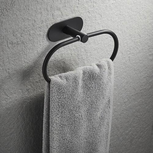 Bathroom Simple Stainless Steel Wall Mounted Towel Rack Self-Adhesive Towel Holder Hanger Towel Ring Storage Hanging Shelf Black