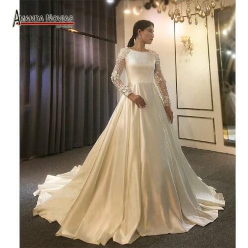 Simple elegant plain satin wedding dress with long sleeves real work photo