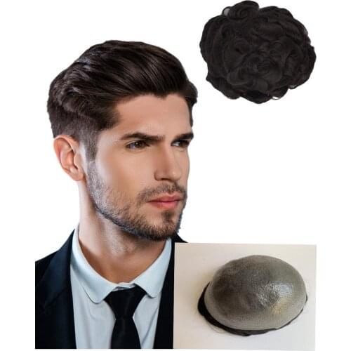 Super Soft Thin PU Hairpiece Natural Black Color Human Hair System Wave Straight Full PU Men Toupee Indian Remy Breathable PU