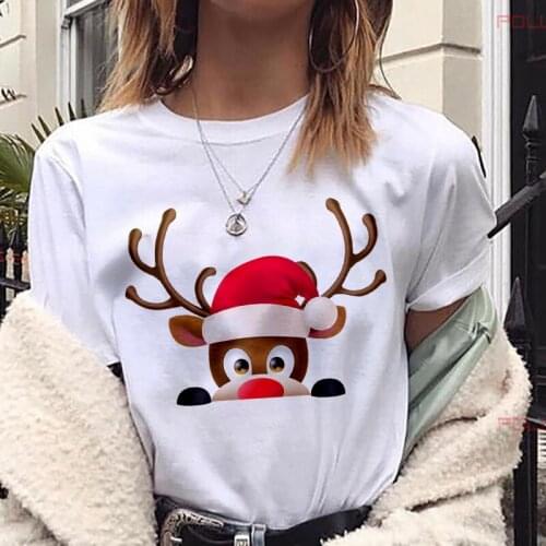 Womens Fashion Lucky Deer Print New Cute Bear T-shirt Christmas Harajuku Short Sleeve White Top Suitable for Four Seasons Tees