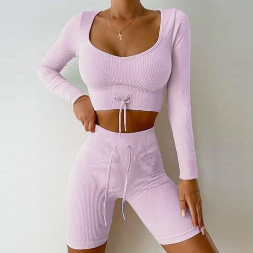 Women Sportswear Sexy Yoga Sets 2Pcs High Waist Shorts With Drawstring Female Screw Thread Shirts Running Suits Fitness Gym Sets