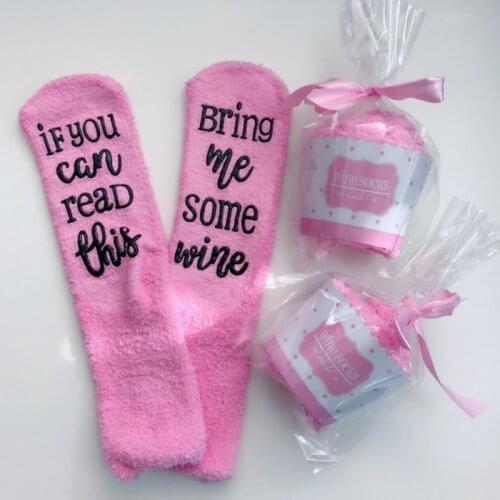Women Winter Fuzzy Plush Slipper Socks If You Can Read This Bring Me Some Wine Warm Hosiery with Cupcake Gift Packaging