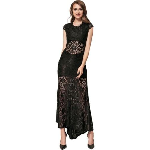 Womens Retro Floral Lace Vintage Wedding Maxi Bridesmaid Long Dress Short Sleeve Backless Mesh Sexy Lace Dress Women V1065