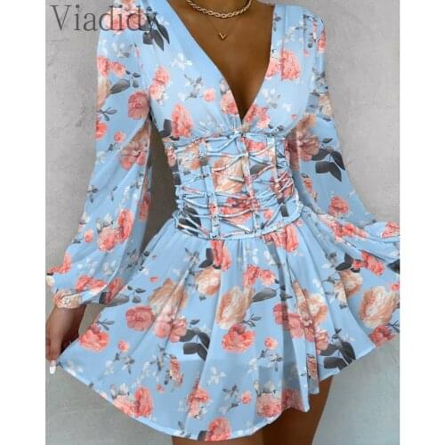 Women Deep V Neck Long Sleeve High Waist Pleated Dress