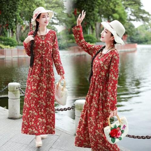 2021 New Print Floral Prairie Chic Vintage Dress Cotton Linen Long Sleeve Autumn Dress Draw String Office Lady Work Long Dress