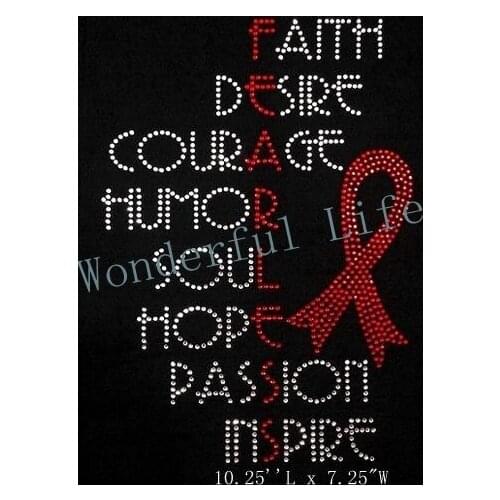 Free shipping red with white hot fix motif iron on crystal transfers design faith desire courage ribbon
