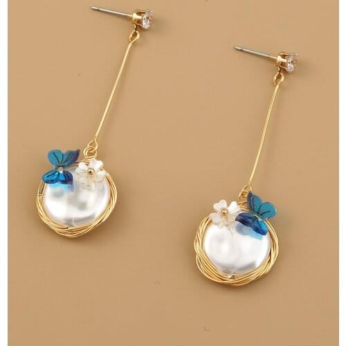 Large Flat Round Pearl Drop Earrings for Women Gold Metal White Baroque Pearl Earrings Jewelry Fashion 2021