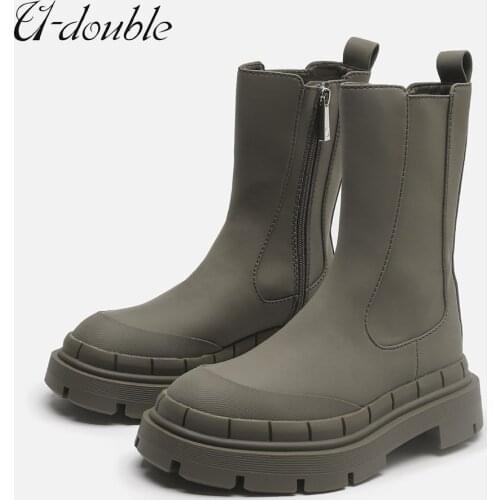 U-Double Women Ankle Boots Autumn Winter Chelsea Boots Pu Leather Zipper Chunky Heels Platform Fashion Ladies Shoes Short Boots