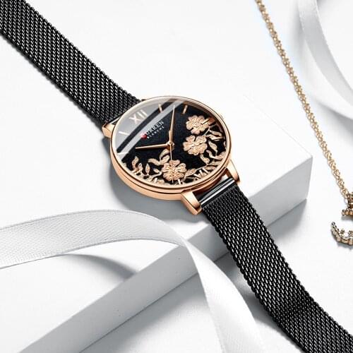 CURREN Elegant Woman Watches Beautiful Flower Dial Quartz Wristwatches with Stainless Steel Band Casual female Clock
