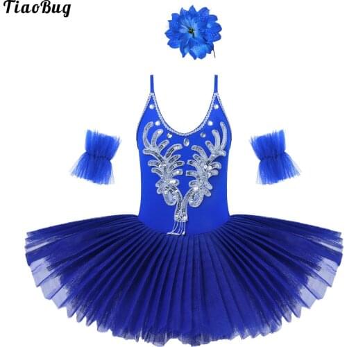 TiaoBug Kids Girls Spaghetti Shoulder Straps Crystal Sequins Ballet Leotard Tutu Dress Dance Costume With Arm Sleeves Hair Clip
