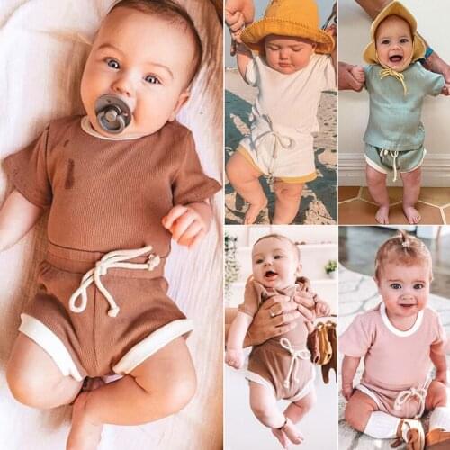 Cotton summer girl pajamas solid color pit strip baby short-sleeved top shorts two-piece kids boys pajamas set