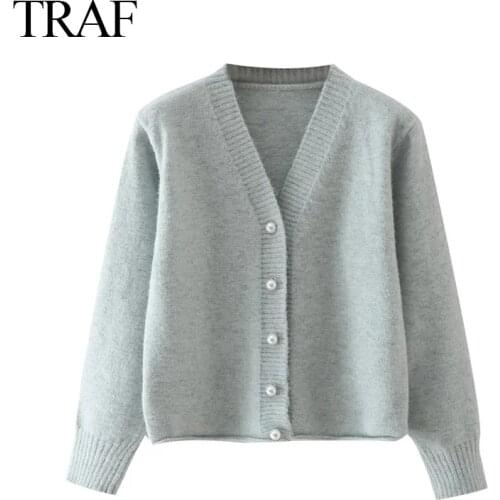 TRAF Womens clothes Casual Solid Color Za Cardigan Sweater Women Loose Knitted Tops Lady V Neck Twist Pattern Sweater Outerwear