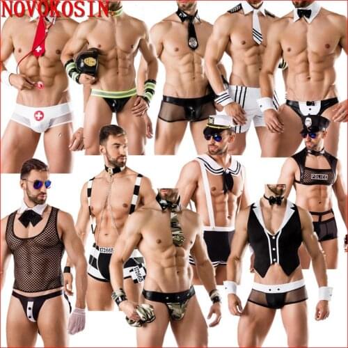 2019 Faux Leather Policemen Jumpsuit Tie Top With Panties Outfit Male Nurse Sexy Police Cosplay Costumes Motorcycle Role-Playing