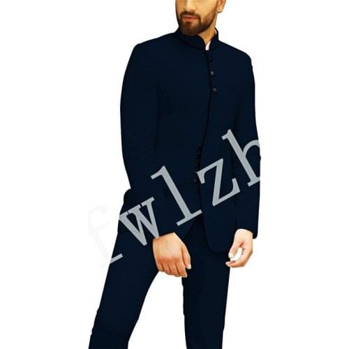Handsome Groomsmen Mandarin Lapel Groom Tuxedos Wedding Dress Men Suits Blazer Prom Dinner (Jacket+Pants+Tie) K598