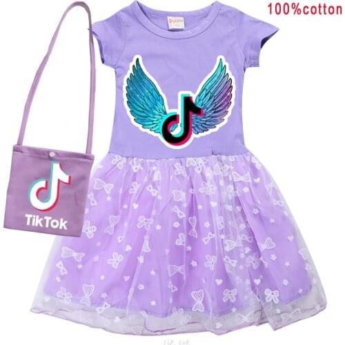 Summer Tik Tok Girls Cotton T Shirt + Print bag Gauze Patchwork Dress Children Girl Home Party Casual Clothes Dresses