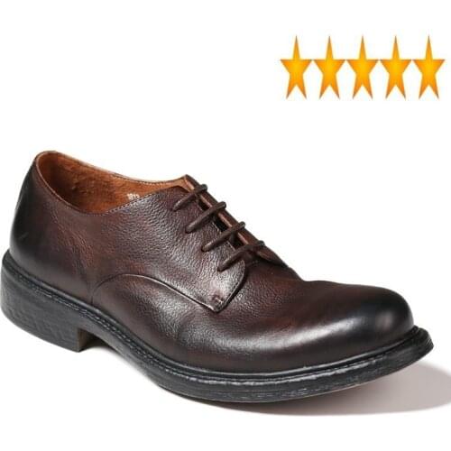 Round Vintage Mens Lace Up Toe Work Autumn New Cowhide Genuine Leather Shoes Retro Business Man Formal Chaussure Homme
