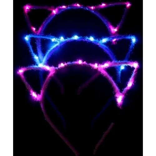 Null 1Pc Women Girls LED Flashing Cute Pointed Cat Ears Hair Hoop Glowing String Lights Plush Cloth Wrapped Headband Party