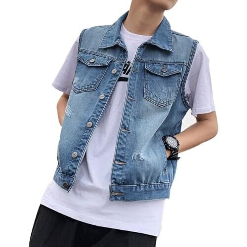 Wholesale 2020 fashion Denim vest mens spring autumn trend casual Korean style handsome loose sleeveless hole brand vest men