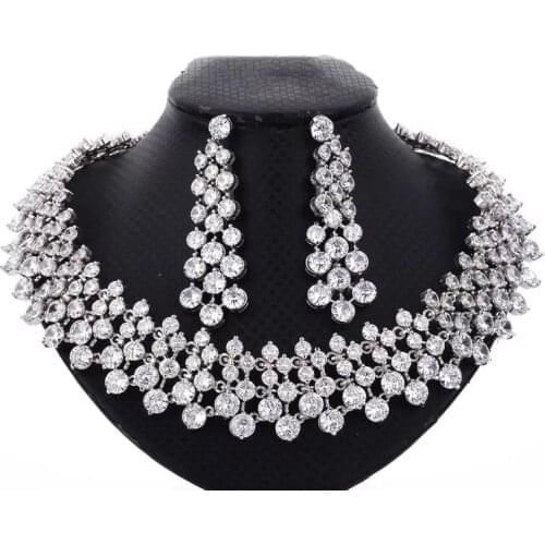 AAA Cz Cubic Zirconia Round Stone Necklace And Earring Jewelry Set