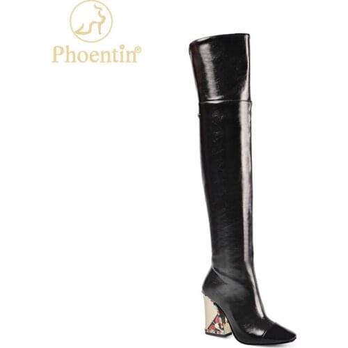 Phoentin 2020 Womens Runway Show over knee Boots Luxury Brand vintage Square Toe Long Booties High Heels Black Shoes FT1209