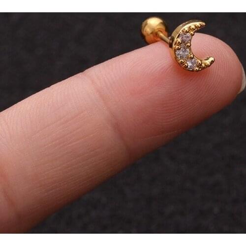 Beauty Delicate Moon Shape Bling Zircons Screw-Back Stud Earrings Needle 1.2*6mm No Easy Fade Anti-Allergy