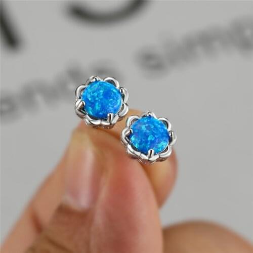 White Blue Fire Opal Flower Earrings Geometric Round Small Stone Stud Earrings Rose Gold Silver Color Wedding Earrings For Women