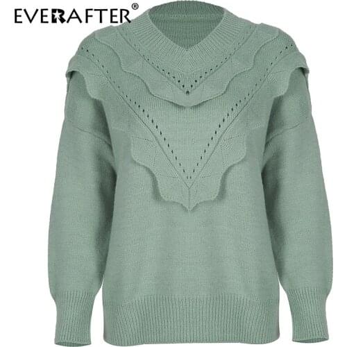 EVERAFTER Casual V-neck women sweater Autumn winter Lantern Sleeve ruffle knitted sweater solid ladies geometric pullover jumper