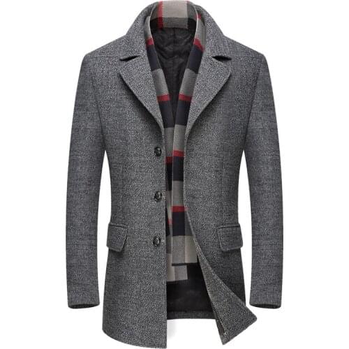 High Quality Wool Men Winter Wool Coat Mens Casual Warm Thick Solid Color Simple Wool Blends Woolen Pea Coat Male Trench Coat