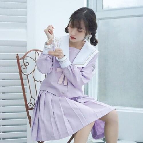 Japanese School Uniform For Girls Sailor Tops+Tie+Skirt Navy Style Students Clothes For Girl Plus size Lala Cheerleader clothing